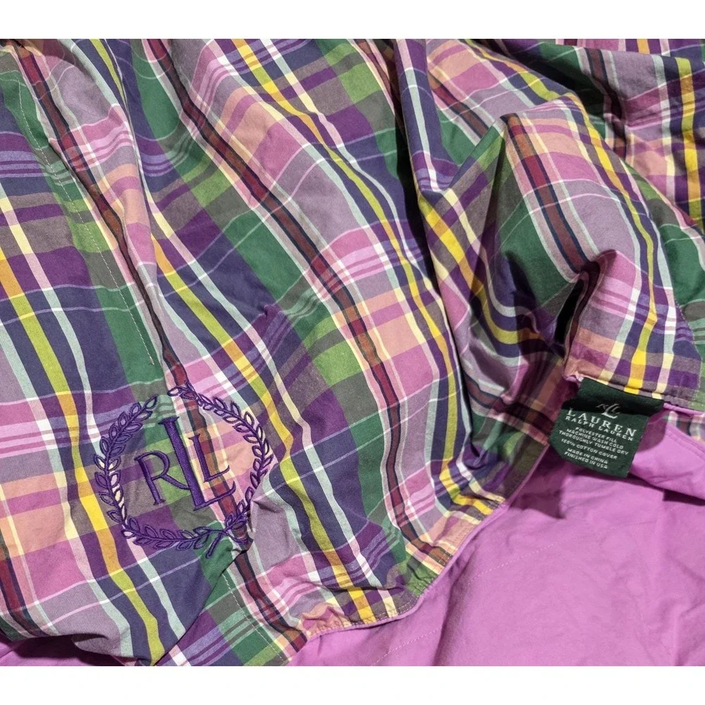 Ralph Lauren Twin Plaid Comforter & Pillow Fuschia Purple Green Pink Cotton Rare